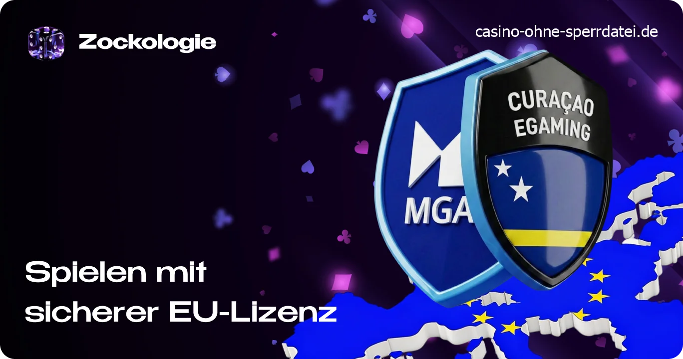 Prüfsiegel und Logos internationaler Glücksspielbehörden wie der Malta Gaming Authority und Curaçao eGaming.