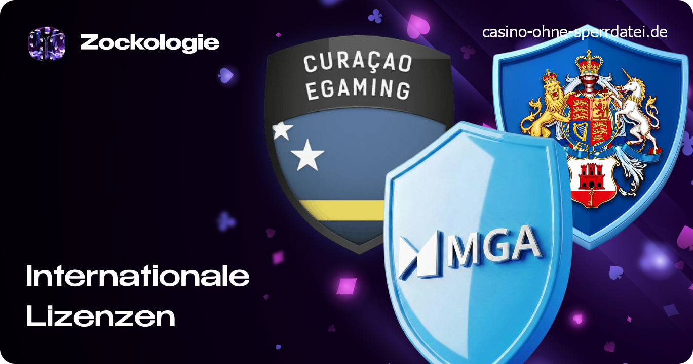 Logos von internationalen Glücksspielbehörden wie der Malta Gaming Authority und Curaçao eGaming.
