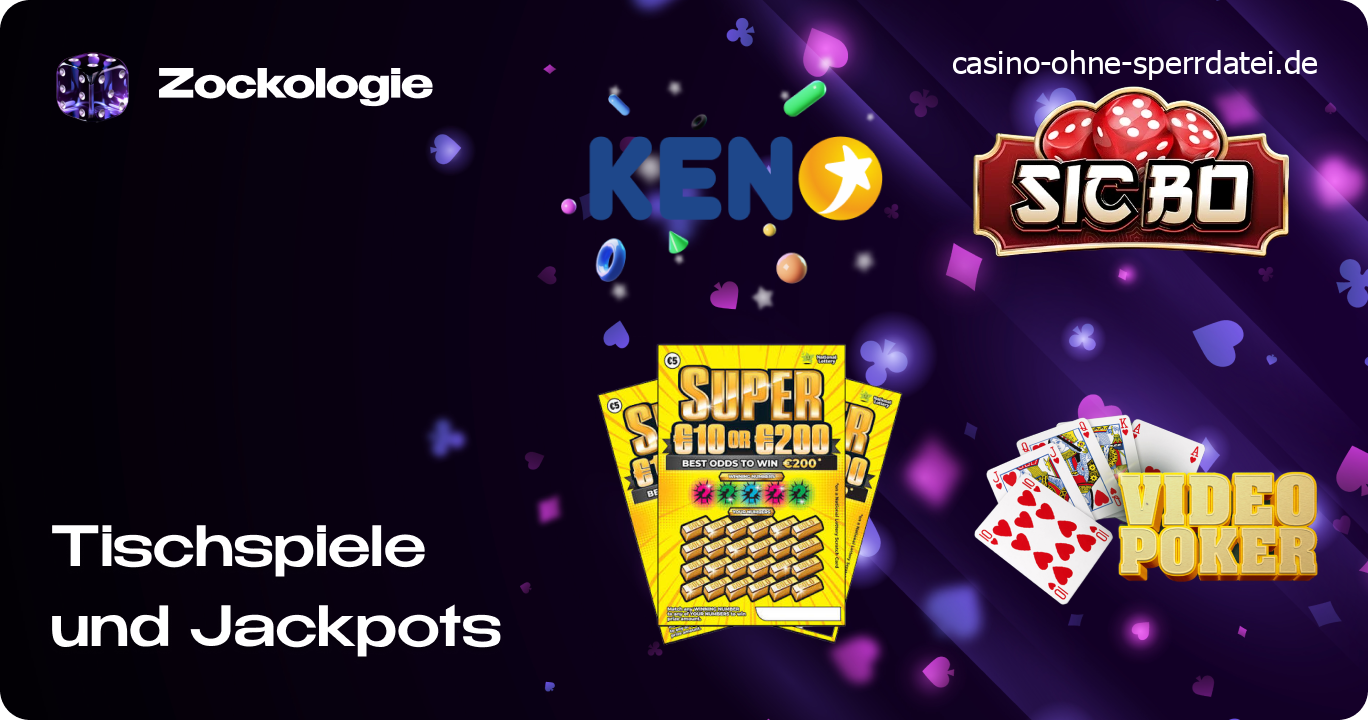 Übersicht klassischer Tischspiele wie Video-Poker und Spielautomaten mit Millionen-Jackpots.