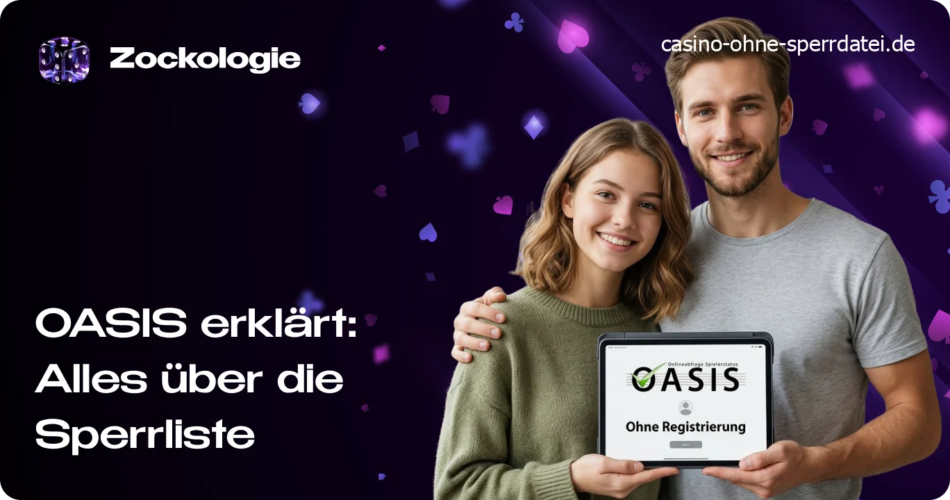 Ein junger Mann und eine junge Frau halten ein Tablet in der Hand und zeigen das Oasis-Logo mit der Aufschrift „Keine Registrierung“